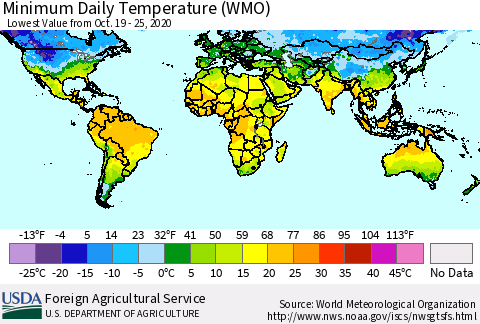 World Minimum Daily Temperature (WMO) Thematic Map For 10/19/2020 - 10/25/2020