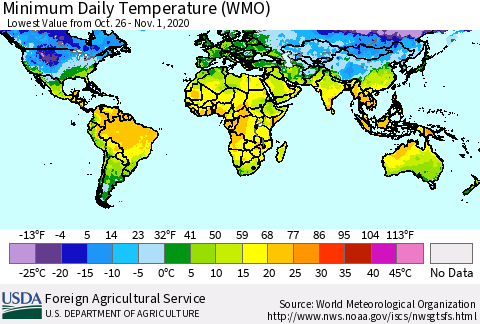 World Minimum Daily Temperature (WMO) Thematic Map For 10/26/2020 - 11/1/2020