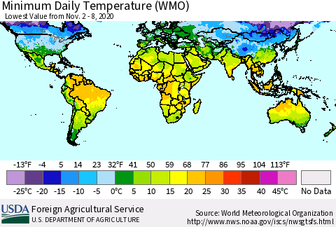 World Minimum Daily Temperature (WMO) Thematic Map For 11/2/2020 - 11/8/2020