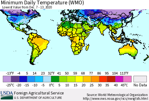 World Minimum Daily Temperature (WMO) Thematic Map For 12/7/2020 - 12/13/2020