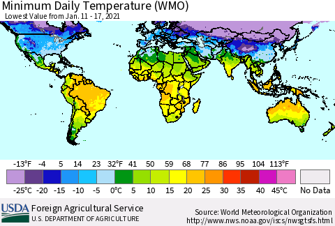 World Minimum Daily Temperature (WMO) Thematic Map For 1/11/2021 - 1/17/2021