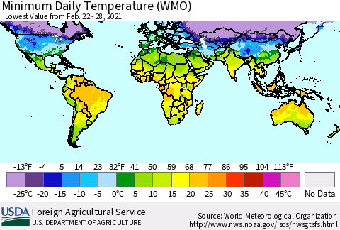 World Minimum Daily Temperature (WMO) Thematic Map For 2/22/2021 - 2/28/2021