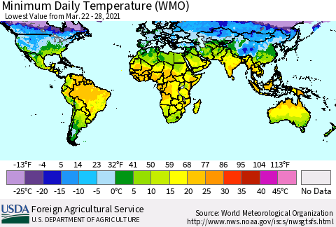 World Minimum Daily Temperature (WMO) Thematic Map For 3/22/2021 - 3/28/2021