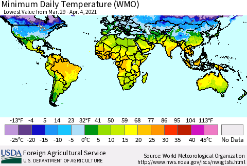 World Minimum Daily Temperature (WMO) Thematic Map For 3/29/2021 - 4/4/2021