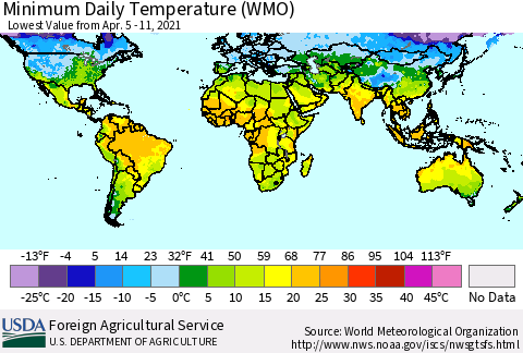 World Minimum Daily Temperature (WMO) Thematic Map For 4/5/2021 - 4/11/2021