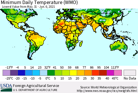 World Minimum Daily Temperature (WMO) Thematic Map For 5/31/2021 - 6/6/2021