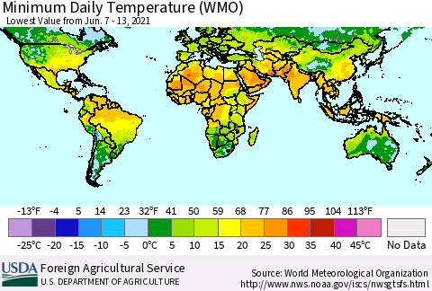 World Minimum Daily Temperature (WMO) Thematic Map For 6/7/2021 - 6/13/2021
