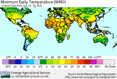 World Minimum Daily Temperature (WMO) Thematic Map For 6/14/2021 - 6/20/2021