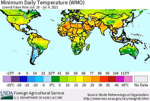 World Minimum Daily Temperature (WMO) Thematic Map For 6/28/2021 - 7/4/2021