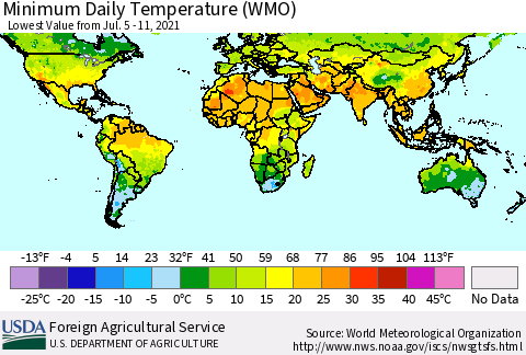 World Minimum Daily Temperature (WMO) Thematic Map For 7/5/2021 - 7/11/2021