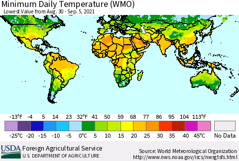 World Minimum Daily Temperature (WMO) Thematic Map For 8/30/2021 - 9/5/2021