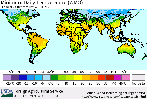 World Minimum Daily Temperature (WMO) Thematic Map For 10/4/2021 - 10/10/2021