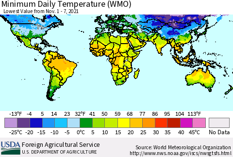 World Minimum Daily Temperature (WMO) Thematic Map For 11/1/2021 - 11/7/2021
