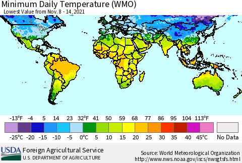 World Minimum Daily Temperature (WMO) Thematic Map For 11/8/2021 - 11/14/2021