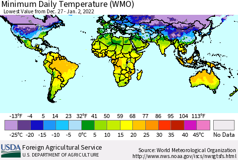 World Minimum Daily Temperature (WMO) Thematic Map For 12/27/2021 - 1/2/2022