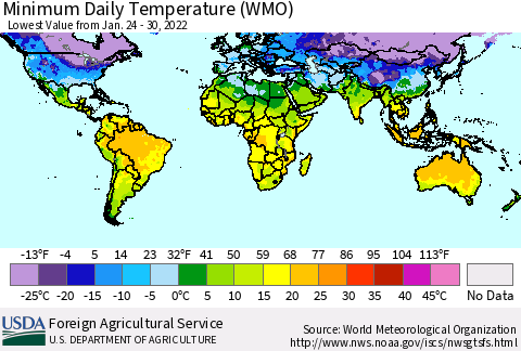 World Minimum Daily Temperature (WMO) Thematic Map For 1/24/2022 - 1/30/2022