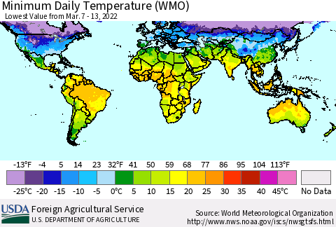 World Minimum Daily Temperature (WMO) Thematic Map For 3/7/2022 - 3/13/2022