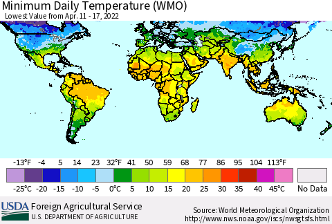 World Minimum Daily Temperature (WMO) Thematic Map For 4/11/2022 - 4/17/2022