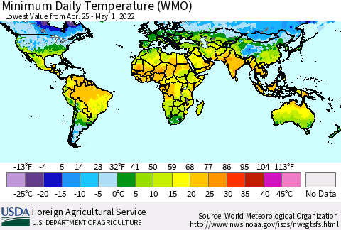 World Minimum Daily Temperature (WMO) Thematic Map For 4/25/2022 - 5/1/2022