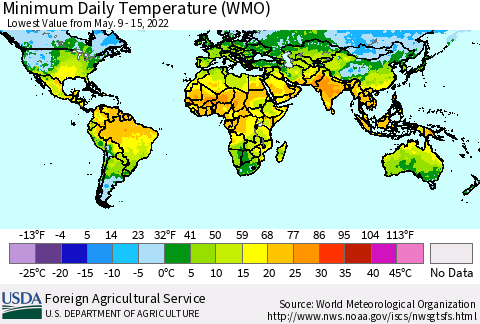 World Minimum Daily Temperature (WMO) Thematic Map For 5/9/2022 - 5/15/2022