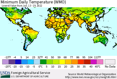 World Minimum Daily Temperature (WMO) Thematic Map For 6/13/2022 - 6/19/2022