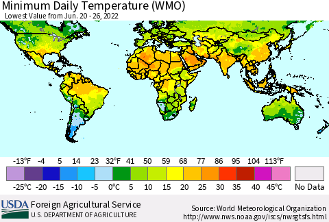 World Minimum Daily Temperature (WMO) Thematic Map For 6/20/2022 - 6/26/2022