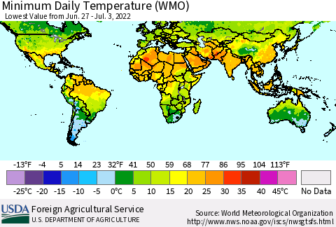 World Minimum Daily Temperature (WMO) Thematic Map For 6/27/2022 - 7/3/2022