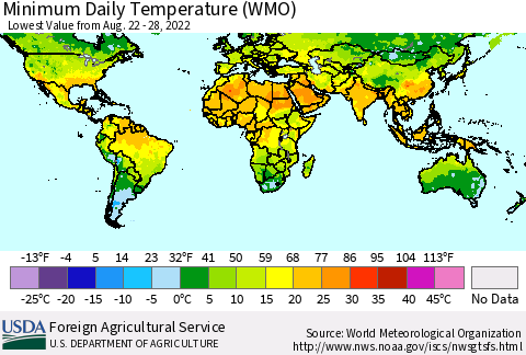 World Minimum Daily Temperature (WMO) Thematic Map For 8/22/2022 - 8/28/2022
