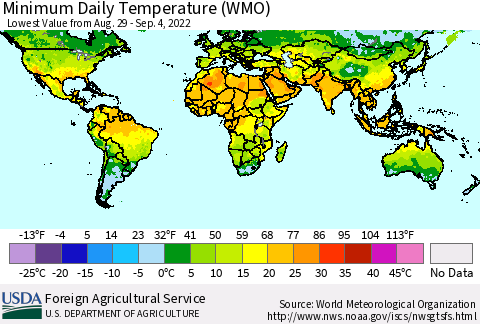 World Minimum Daily Temperature (WMO) Thematic Map For 8/29/2022 - 9/4/2022