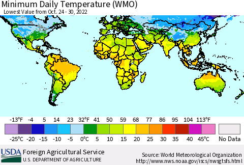 World Minimum Daily Temperature (WMO) Thematic Map For 10/24/2022 - 10/30/2022
