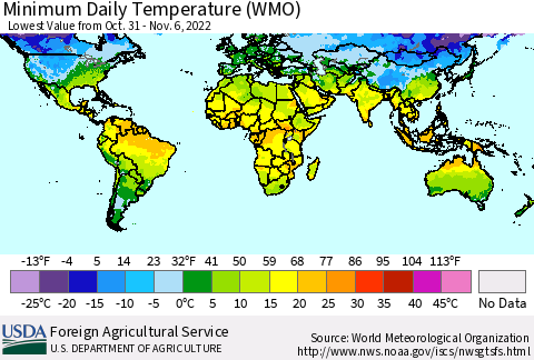 World Minimum Daily Temperature (WMO) Thematic Map For 10/31/2022 - 11/6/2022