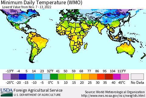 World Minimum Daily Temperature (WMO) Thematic Map For 11/7/2022 - 11/13/2022