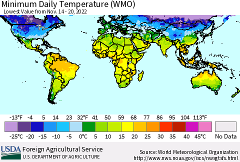 World Minimum Daily Temperature (WMO) Thematic Map For 11/14/2022 - 11/20/2022