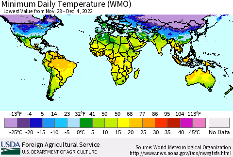 World Minimum Daily Temperature (WMO) Thematic Map For 11/28/2022 - 12/4/2022