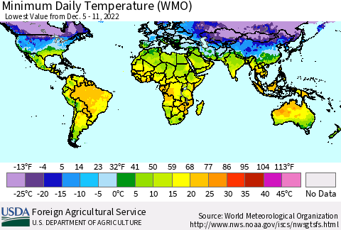 World Minimum Daily Temperature (WMO) Thematic Map For 12/5/2022 - 12/11/2022