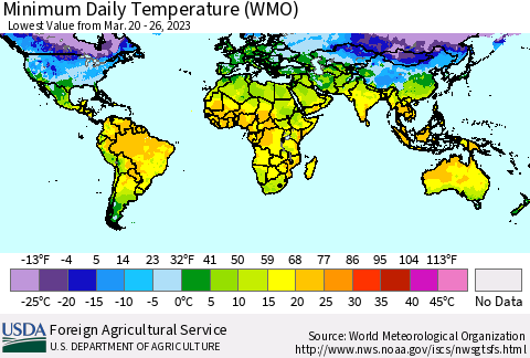 World Minimum Daily Temperature (WMO) Thematic Map For 3/20/2023 - 3/26/2023