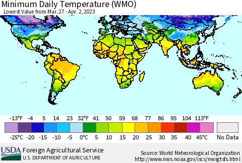 World Minimum Daily Temperature (WMO) Thematic Map For 3/27/2023 - 4/2/2023