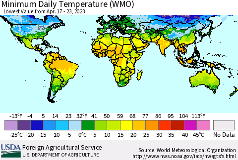 World Minimum Daily Temperature (WMO) Thematic Map For 4/17/2023 - 4/23/2023