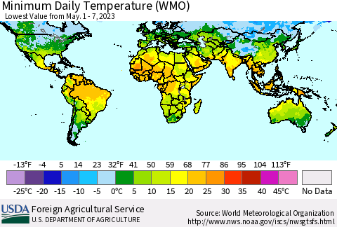 World Minimum Daily Temperature (WMO) Thematic Map For 5/1/2023 - 5/7/2023