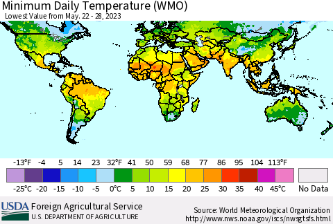 World Minimum Daily Temperature (WMO) Thematic Map For 5/22/2023 - 5/28/2023