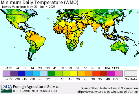 World Minimum Daily Temperature (WMO) Thematic Map For 5/29/2023 - 6/4/2023
