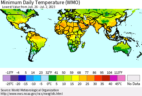 World Minimum Daily Temperature (WMO) Thematic Map For 6/26/2023 - 7/2/2023