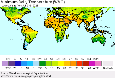 World Minimum Daily Temperature (WMO) Thematic Map For 7/3/2023 - 7/9/2023