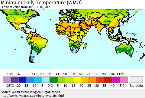 World Minimum Daily Temperature (WMO) Thematic Map For 7/10/2023 - 7/16/2023