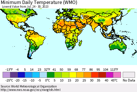 World Minimum Daily Temperature (WMO) Thematic Map For 7/24/2023 - 7/30/2023