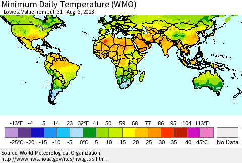 World Minimum Daily Temperature (WMO) Thematic Map For 7/31/2023 - 8/6/2023