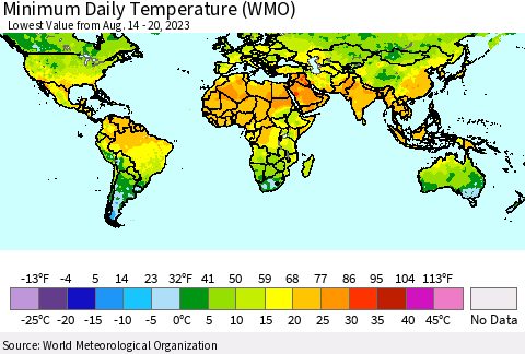 World Minimum Daily Temperature (WMO) Thematic Map For 8/14/2023 - 8/20/2023