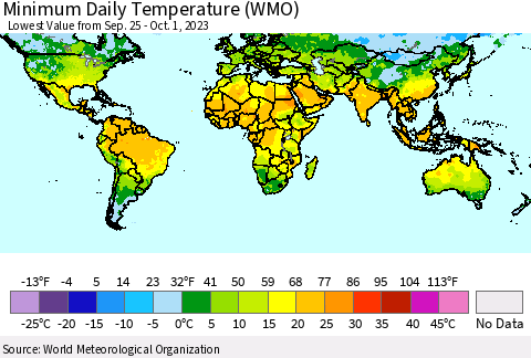 World Minimum Daily Temperature (WMO) Thematic Map For 9/25/2023 - 10/1/2023