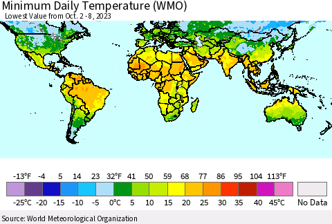 World Minimum Daily Temperature (WMO) Thematic Map For 10/2/2023 - 10/8/2023