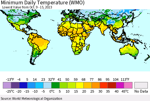 World Minimum Daily Temperature (WMO) Thematic Map For 10/9/2023 - 10/15/2023